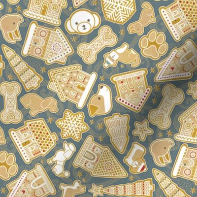 Gingerbread Dogs- Slate Gray Background2- Gingerbread Coookies- Vintage Christmas- Holidays- Multidirectional- Christmas Tree- Bones- Pawprints- Corgi- Bichon- Pug- Poodle- sMini
