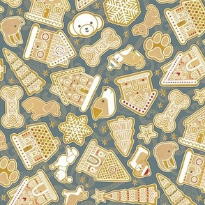 Gingerbread Dogs- Slate Gray Background2- Gingerbread Coookies- Vintage Christmas- Holidays- Multidirectional- Christmas Tree- Bones- Pawprints- Corgi- Bichon- Pug- Poodle- sMini