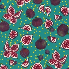 Ditsy fruits_violet figs on blue green background and yellow polkadots_Small scale