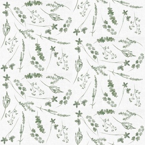 Neutral Botanical Meadow Toile//Sage Green on White Linen