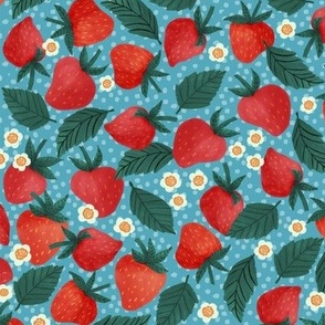 Tossed Strawberries on a Blue Polka Dot Background 12in Repeat