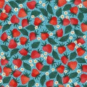 Ditsy Tossed Strawberries on a Blue Polka Dot Background 6in Repeat