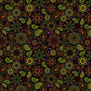 Boho style ornamental pattern, fashionable, colourful pattern, green, red, yellow, black background.