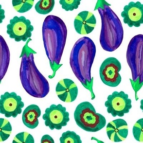 Purple eggplant with green leaves on a white background 