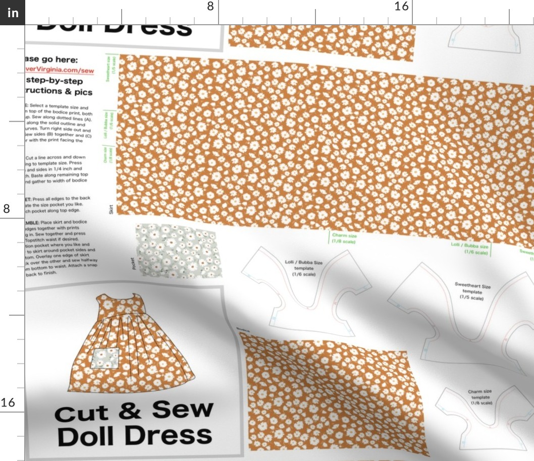 Strawflower Cut & Sew Doll Dress (pumpkin) on FAT QUARTER for Forever Virginia Dolls and other 1/8, 1/6 and 1/5 scale child dolls  // little small scale tiny mini micro doll 