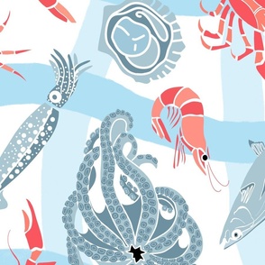 Seafood on blue hand drawn check - large scale