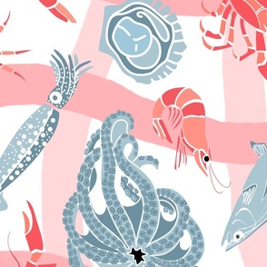 Seafood on pink hand draw check - large scale