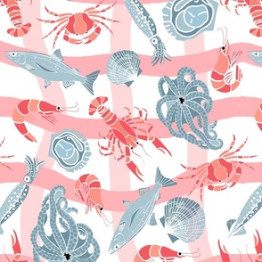 Seafood on pink hand draw check - medium scale