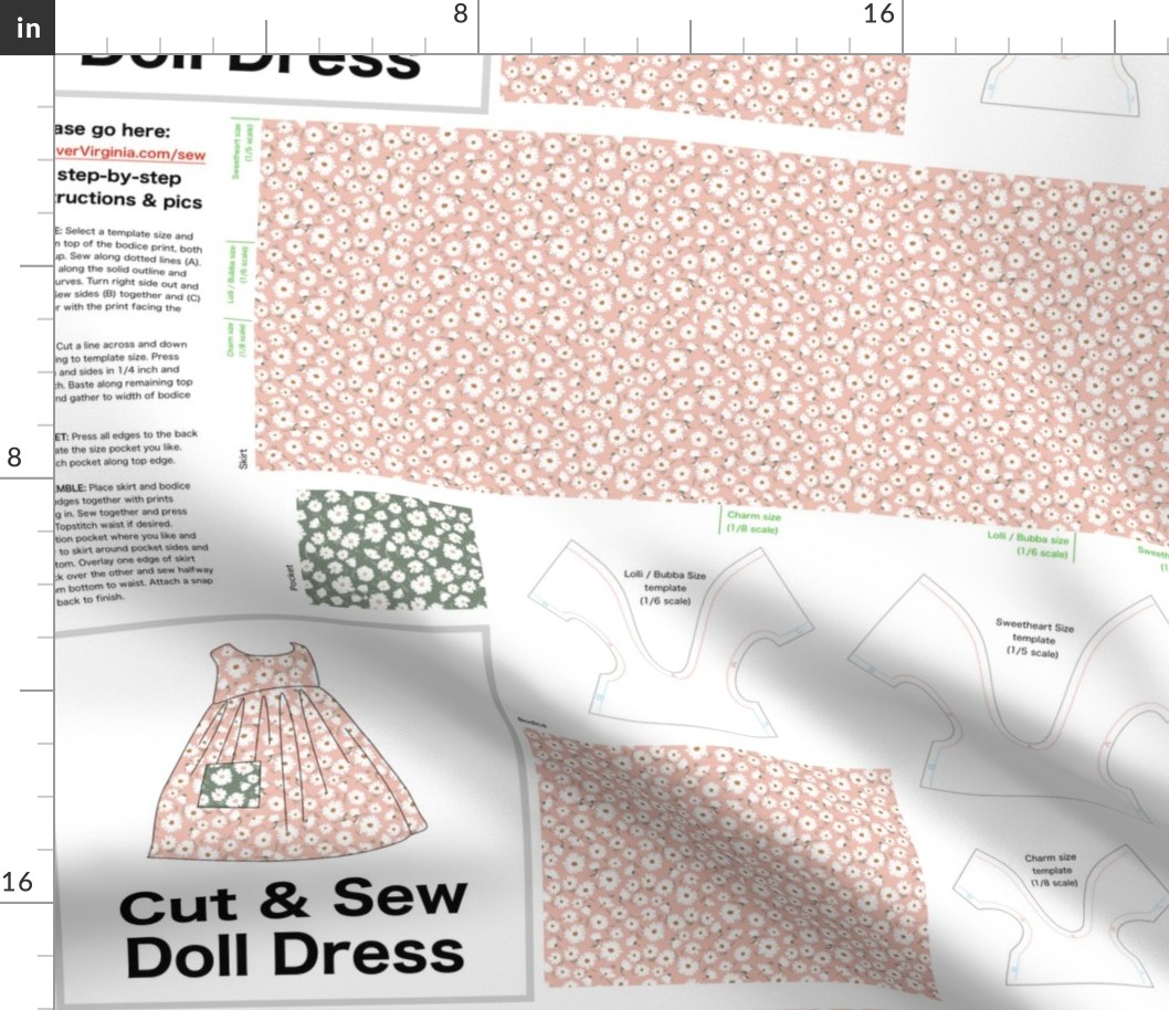 Strawflower Cut & Sew Doll Dress (blush) on FAT QUARTER for Forever Virginia Dolls and other 1/8, 1/6 and 1/5 scale child dolls  // little small scale tiny mini micro doll 