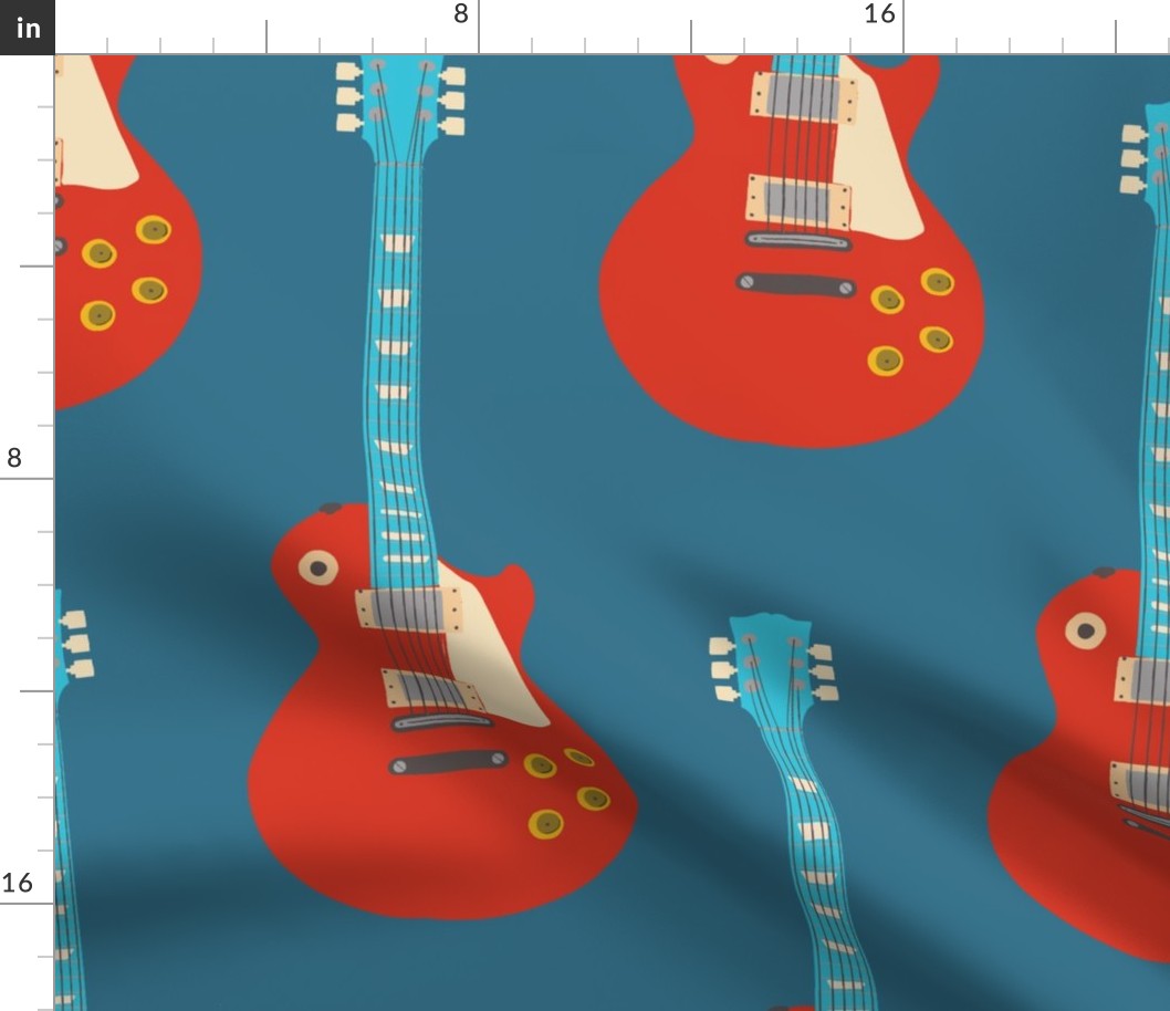 Guitar Red Teal Large Scale Patter for home decor
