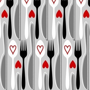 Modern Minimalist Silverware // Spoon, Fork, Knife, Hearts // Red, Gray, Black and White // 634 DPI