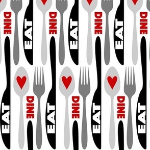 Modern Minimalist Silverware // Spoon, Fork, Knife, Hearts // Red, Gray, Black and White // Typography - Text // Eat, Dine // White Background // 634 DPI