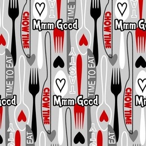 Modern Minimalist Silverware // Spoon, Fork, Knife // Red, Gray, Black and White // Typography // Chow Time, Time to Eat, Mmm Good, Tasty // V2 // 684 DPI
