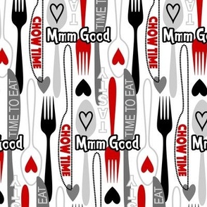Modern Minimalist Silverware // Spoon, Fork, Knife // Red, Gray, Black and White // Typography // Chow Time, Time to Eat, Mmm Good, Tasty // V1 // 684 DPI