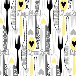 Modern Minimalist Silverware // Spoon, Fork, Knife // Yellow, Gray, Black and White // Typography // Chow Time, Time to Eat, Mmm Good, Tasty // 684 DPI