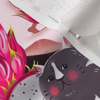 Cute cats with dragon fruits on black