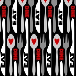 Modern Minimalist Silverware // Spoon, Fork, Knife, Hearts // Red, Gray, Black and White // Typography - Text // Eat, Dine  // Black Background // 634 DPI
