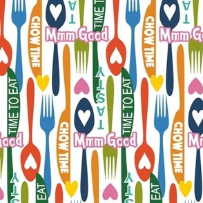 Colorful Modern Minimalist Silverware // Spoon, Fork, Knife // Typography // Chow Time, Time to Eat, Mmm Good, Tasty // V3 // 684 DPI