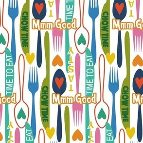 Colorful Modern Minimalist Silverware // Spoon, Fork, Knife // Typography // Chow Time, Time to Eat, Mmm Good, Tasty // V2 // 684 DPI