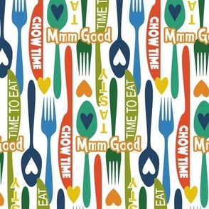 Colorful Modern Minimalist Silverware // Spoon, Fork, Knife // Typography // Chow Time, Time to Eat, Mmm Good, Tasty // V1 // 684 DPI