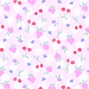 Fruity ditsy cherry strawberry hearts diamond check pink blue mint red by Jac Slade