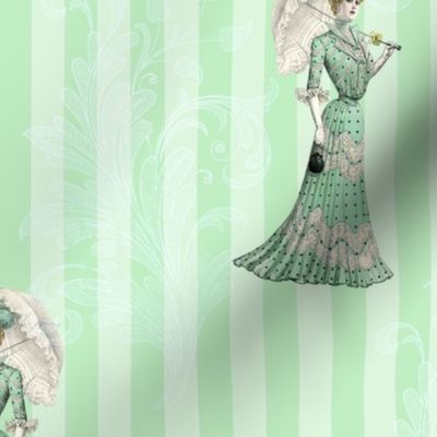 Lady in Mint Green - Edwardian Style Pale Green Striped Vintage Design