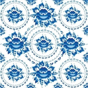 white  ornament  with blue flowers and leaves. 