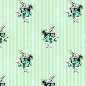 Alice in Wonderland White Rabbit on a Mint Green Stripe Background