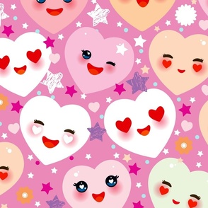 Funny Kawaii heart pink, yellow, lilac, orange, green, on pink fuchsia background. Valentine's Day 