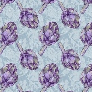 Garden party Artichoke paintings purple and olive on blue background