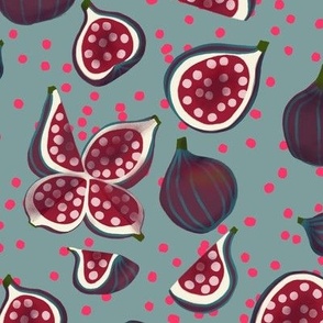 Graphic figs on grey background and pink polka dots_Large scale_for dining and tea towel.