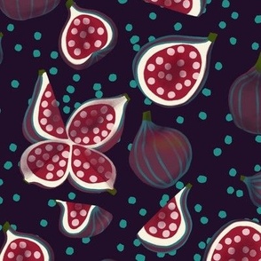 Purple figs and blue polka dots on dark plum background_Large scale_for dining and tea towel.