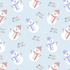 Little white snowmans with hat and scarf blue and pink, blue ba