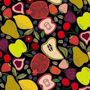 Colorful Fruit Salad block print on black 