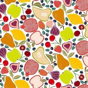 Colorful Fruit Salad block print on white 