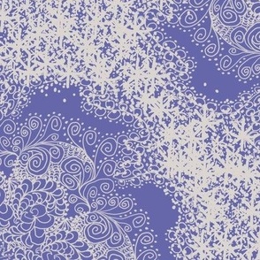 Wintry Lace Snowflake Mandala  in Very Peri and Cloud Dancer - Half Drop Layout - 4 inch repeat