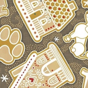 Gingerbread Dogs- Bark Brown Background- Gingerbread Coookies- Vintage Christmas- Holidays- Multidirectional- Christmas Tree- Bones- Pawprints- Corgi- Bichon- Pug- Poodle- Medium
