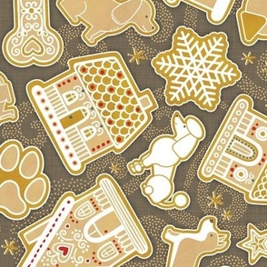 Gingerbread Dogs- Bark Brown Background- Gingerbread Coookies- Vintage Christmas- Holidays- Multidirectional- Christmas Tree- Bones- Pawprints- Corgi- Bichon- Pug- Poodle- Small