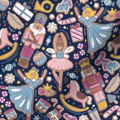 Nutcracker ballet gingerbread delicious biscuits // small scale // midnight navy blue background sky blue pink and peony sweet Christmas cookies