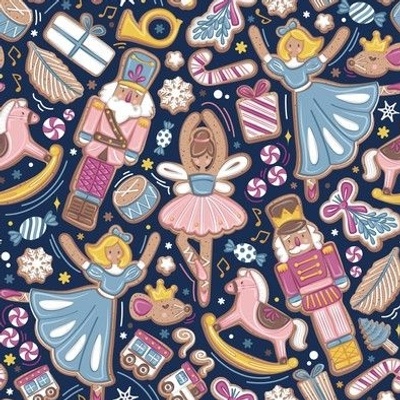 Nutcracker ballet gingerbread delicious biscuits // small scale // midnight navy blue background sky blue pink and peony sweet Christmas cookies