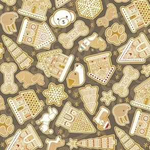 Gingerbread Dogs- Bark Brown Background- Gingerbread Coookies- Vintage Christmas- Holidays- Multidirectional- Christmas Tree- Bones- Pawprints- Corgi- Bichon- Pug- Poodle- sMinil