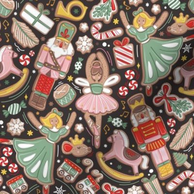 Small scale // Nutcracker ballet gingerbread delicious biscuits // dark brown background sage green pink and neon red sweet Christmas cookies