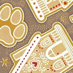 Gingerbread Dogs- Mocha Brown Background- Gingerbread Coookies- Vintage Christmas- Holidays- Multidirectional- Christmas Tree- Bones- Pawprints- Corgi- Bichon- Pug- Poodle- Large
