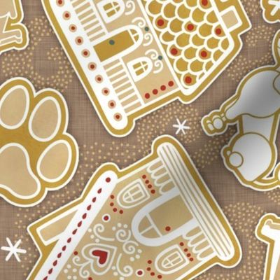 Gingerbread Dogs- Mocha Brown Background- Gingerbread Coookies- Vintage Christmas- Holidays- Multidirectional- Christmas Tree- Bones- Pawprints- Corgi- Bichon- Pug- Poodle- Medium