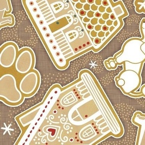 Gingerbread Dogs- Mocha Brown Background- Gingerbread Coookies- Vintage Christmas- Holidays- Multidirectional- Christmas Tree- Bones- Pawprints- Corgi- Bichon- Pug- Poodle- Medium