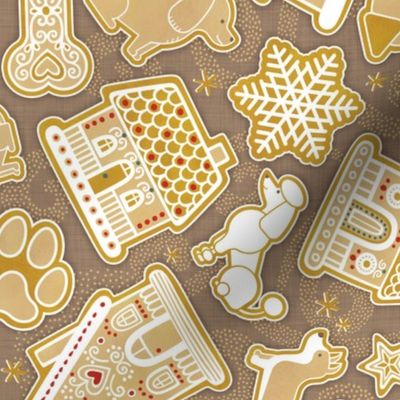 Gingerbread Dogs- Mocha Brown Background- Gingerbread Coookies- Vintage Christmas- Holidays- Multidirectional- Christmas Tree- Bones- Pawprints- Corgi- Bichon- Pug- Poodle- Small