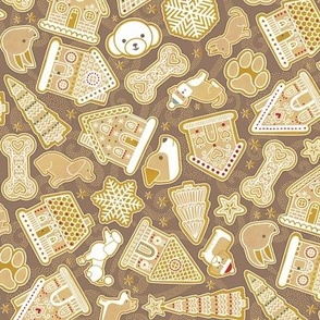 Gingerbread Dogs- Mocha Brown Background- Gingerbread Coookies- Vintage Christmas- Holidays- Multidirectional- Christmas Tree- Bones- Pawprints- Corgi- Bichon- Pug- Poodle- sMini