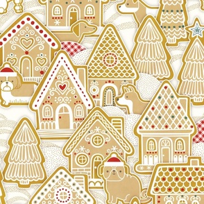 Gingerbread Dogs Village- Natural Background- Gingerbread Coookies- Vintage Christmas- Holidays- Christmas Tree- Bichon-  Corgi- Bichon- Pug- Poodle- Large