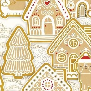 Gingerbread Dogs Village- Natural Background- Gingerbread Coookies- Vintage Christmas- Holidays- Christmas Tree- Bichon-  Corgi- Bichon- Pug- Poodle- Medium