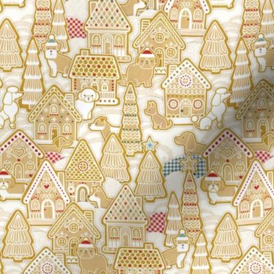 Gingerbread Dogs Village- Natural Background- Gingerbread Coookies- Vintage Christmas- Holidays- Christmas Tree- Bichon-  Corgi- Bichon- Pug- Poodle- sMini